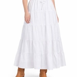 Coraline Constas White Prairie Tiered MaxiSkirt Linen Blend L Elastic Waist Boho